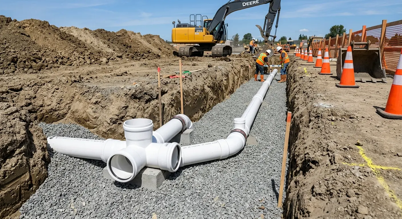 New PVC sewer pipe installation in open trench for Sewer Backup in Grand Ledge