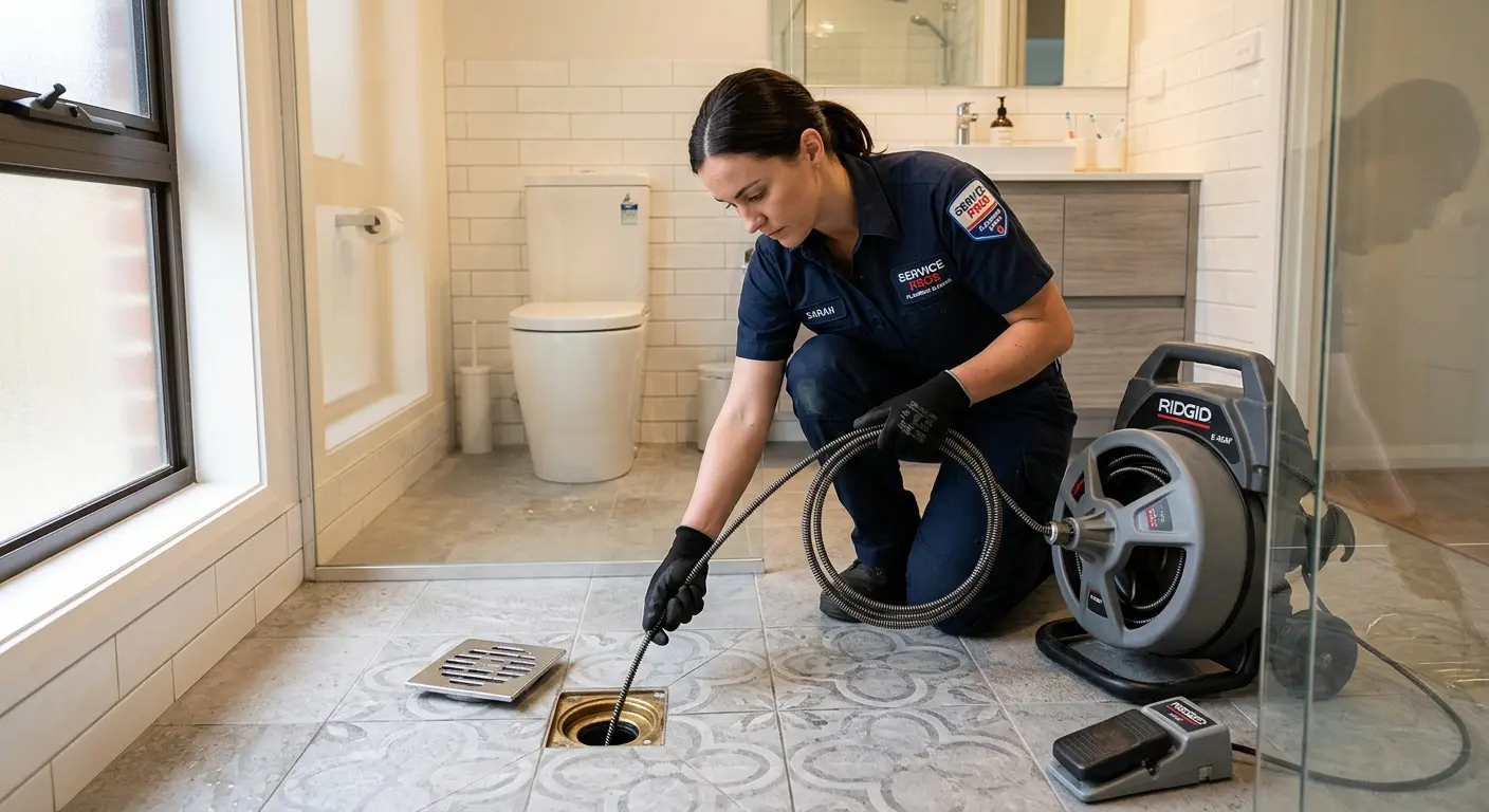 Technician clearing a bathroom floor drain for Drain Cleaning in Grand Ledge
